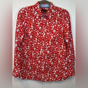 Talbots Floral Button Front Blouse Women’s XS Red White Blue Long Sleeve Classic